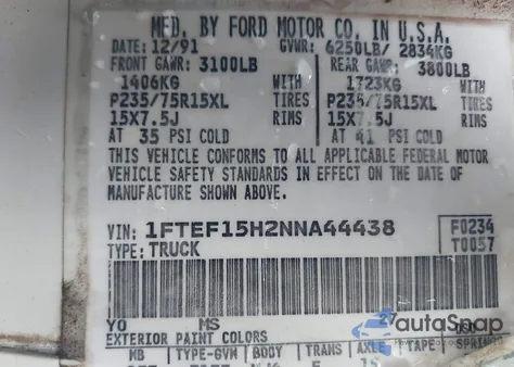 1992 Ford F150 from USA, damaged, VIN 1FTEF15H2NNA44438